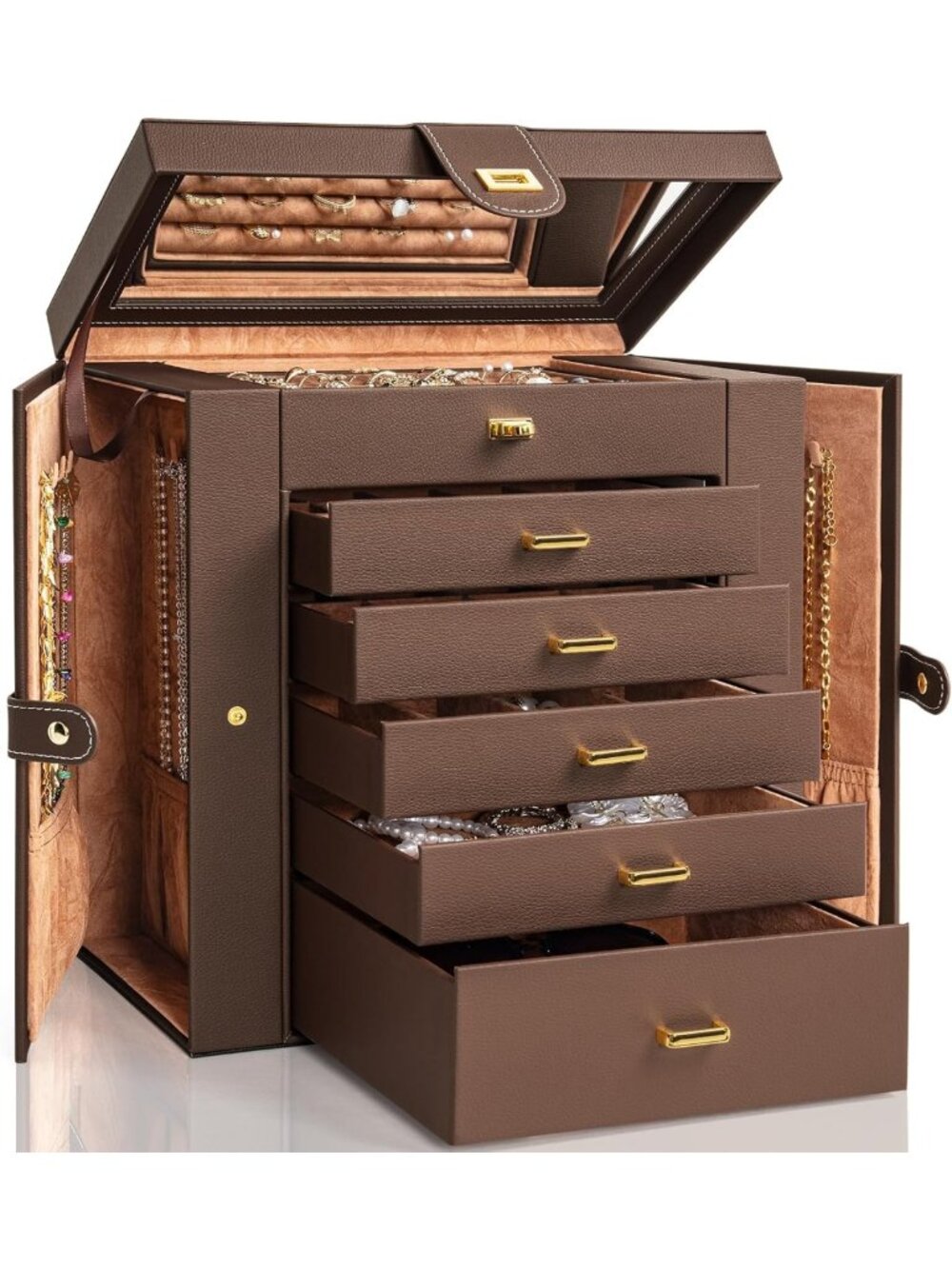 Extra Large 6-Tier Jewelry Box Organizer with 5 Drawers - Stylish Brown Storage
